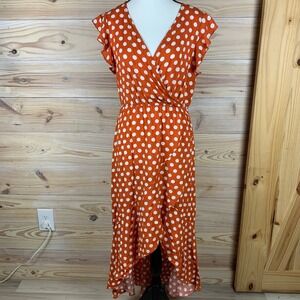 GRECERELLE Maxi Dress Women Medium Orange Polka Dot Wrap Ruffle High Low Summer